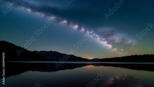 A clear night sky over a quiet lake, with the Milky Way and countless stars reflecting in the still water. 