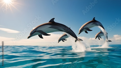 A clear, blue ocean with a pod of dolphins leaping out of the water under a sunny sky. 