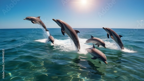 A clear, blue ocean with a pod of dolphins leaping out of the water under a sunny sky. 