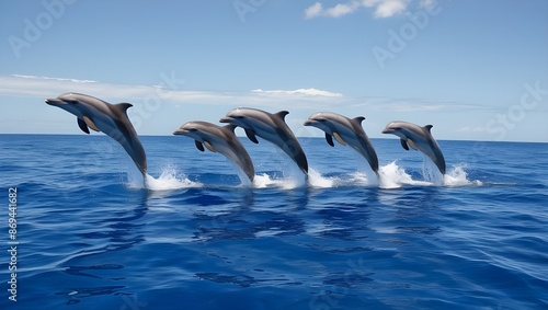 A clear, blue ocean with a pod of dolphins leaping out of the water under a sunny sky. 