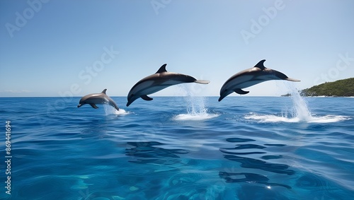 A clear, blue ocean with a pod of dolphins leaping out of the water under a sunny sky. 