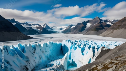 A breathtaking view of a glacier with deep crevasses and a backdrop of rugged mountain peaks. 