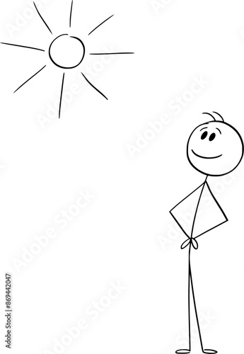 Smiling person enjoying sunny weather , vector cartoon stick figure or character illustration.