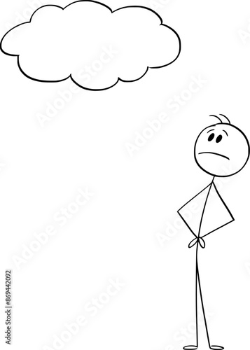 Worrying unhappy person watching rain cloud on the sky, vector cartoon stick figure or character illustration.