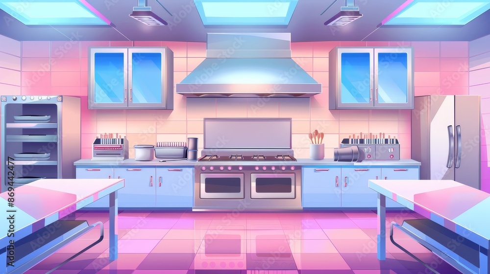 Illustration of modern hotel room furniture for food preparation and serving. Commercial hotel industry clean catering equipment in cafeteria setting. Illustration of modern hotel room furniture for food preparation and serving. Commercial hotel industry clean catering equipment in cafeteria setting.