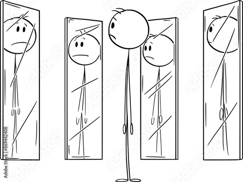 Person looking at themselves in mirrors, vector cartoon stick figure or character illustration.