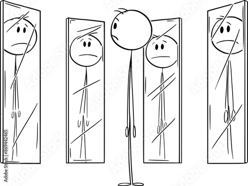 Person looking at themselves in mirrors, vector cartoon stick figure or character illustration.