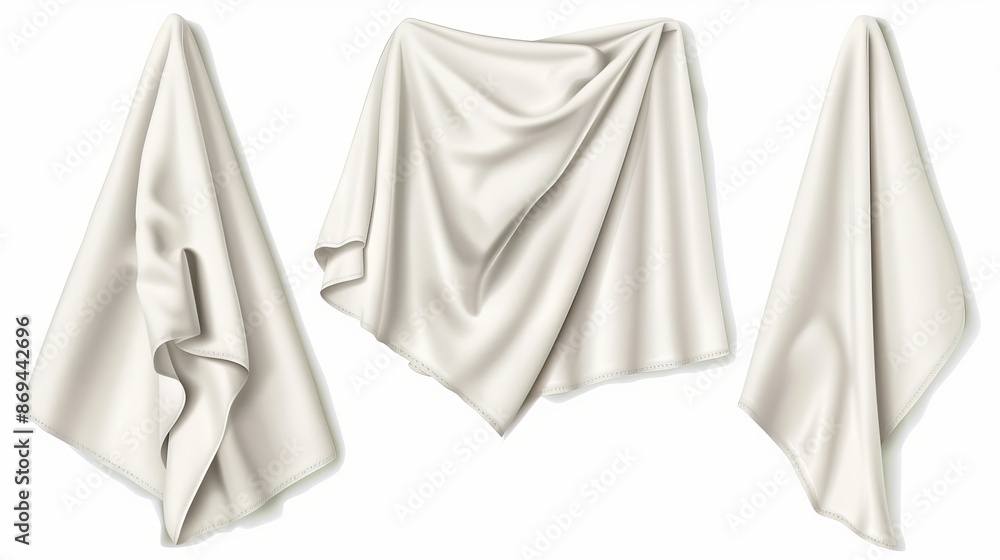 Mockup of a white 3D mockup of a modern kitchen towel. This is a realistic fabric clean and folded handkerchief for restaurants or hotels that is isolated on a transparent background. Mockup of a white 3D mockup of a modern kitchen towel. This is a realistic fabric clean and folded handkerchief for restaurants or hotels that is isolated on a transparent background.