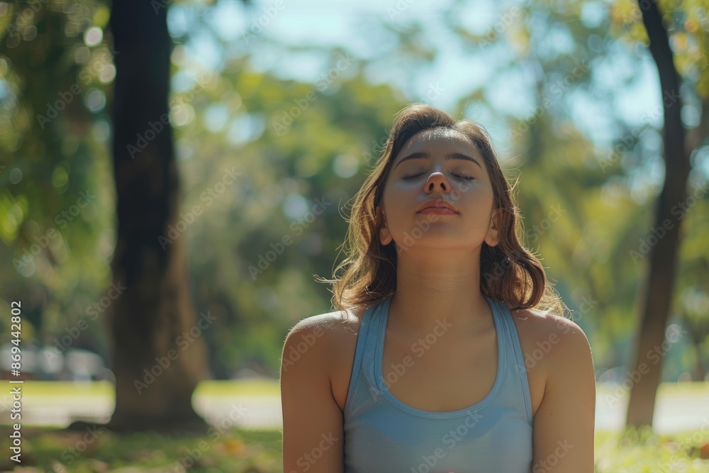 Young woman practicing yoga in public park feeling alive Young woman practicing yoga in public park feeling alive