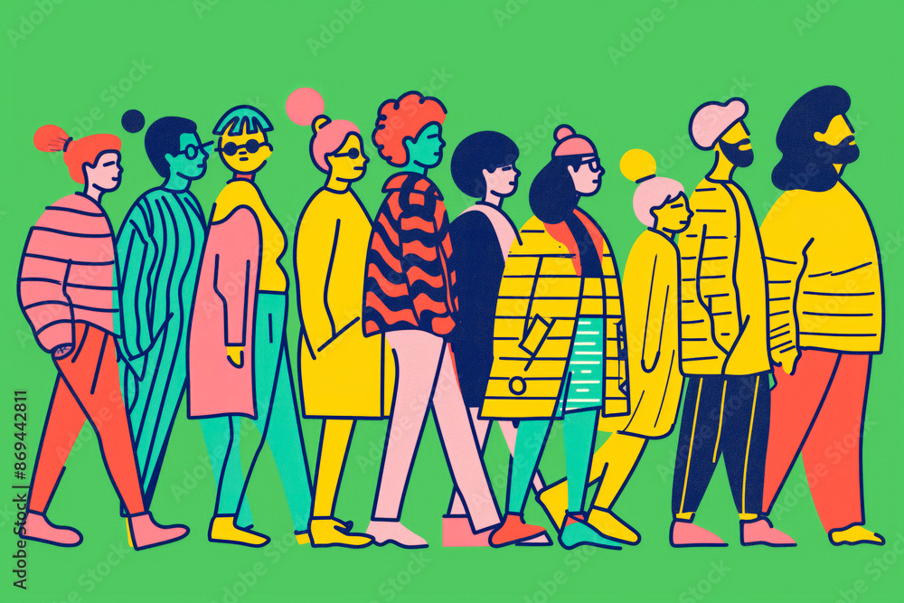 Obraz premium Creative illustration of diverse fashionable people on green background.