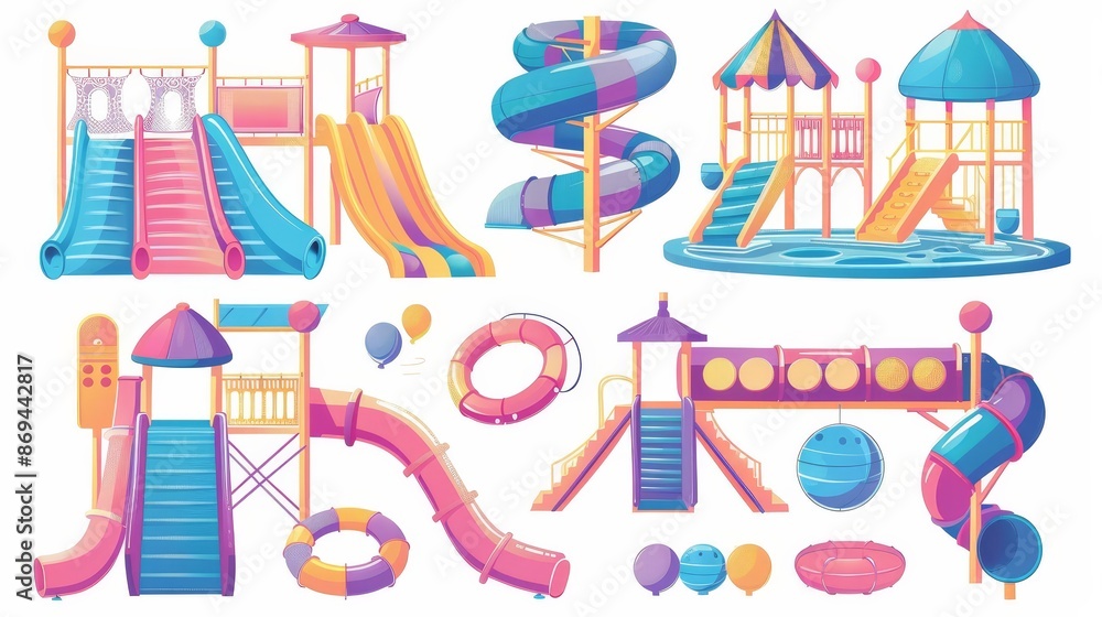 A set of colorful aqua slides, inflatable rings floats, and a ball isolated on white. Aquapark, resort design elements, summer amusement. A set of colorful aqua slides, inflatable rings floats, and a ball isolated on white. Aquapark, resort design elements, summer amusement.