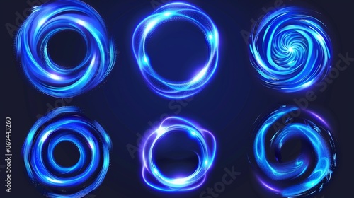 Digital radar circle network futuristic design. Blue 3d wifi signal symbol with neon light effect on transparent background. Wireless technology wave sign set. Computer protection system design.