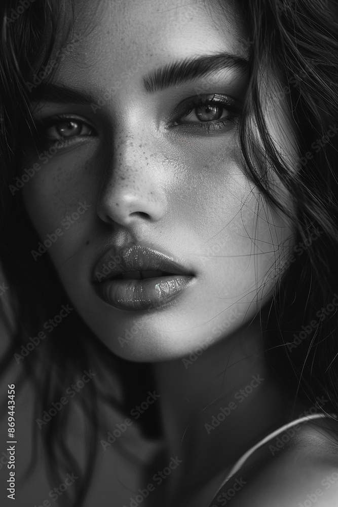 Elegant Black and White Close-Up of a Woman's Face in sunlight Elegant Black and White Close-Up of a Woman's Face in sunlight