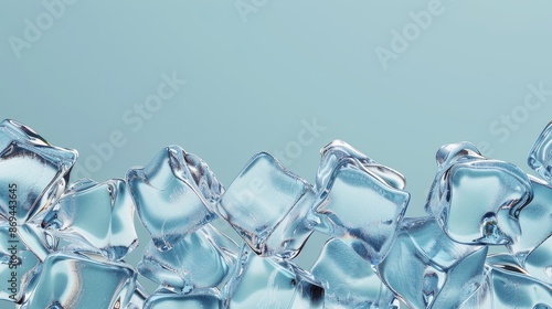 Isolated 3D ice cube bottom border background. Realistic frosty drink ad banner overlay template. Translucent ice cube group surface.