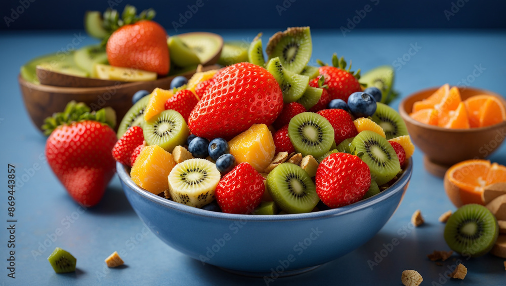 A blue bowl filled with a fruit salad, including strawberries, blueberries, kiwi, and orange slices A blue bowl filled with a fruit salad, including strawberries, blueberries, kiwi, and orange slices
