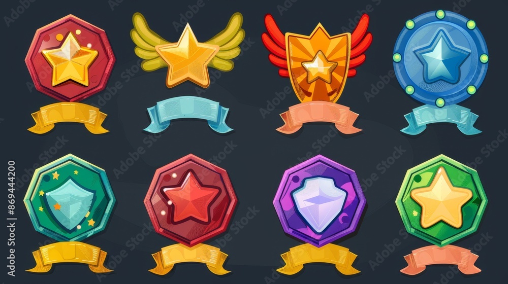 An old school medieval award label and trophy in the shape of a hexagonal gui with a star, ribbon, and wings for the interface rank of a video game. Cartoon gui medieval award labels adorned with a An old school medieval award label and trophy in the shape of a hexagonal gui with a star, ribbon, and wings for the interface rank of a video game. Cartoon gui medieval award labels adorned with a