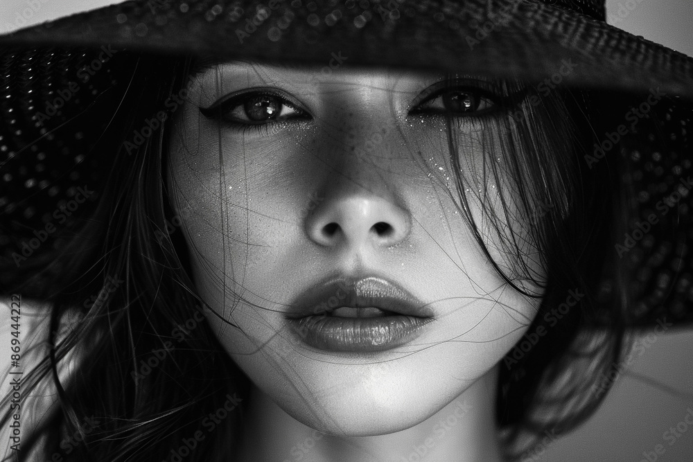 Black and White Close-Up Portrait of a Woman's Face with hat Black and White Close-Up Portrait of a Woman's Face with hat