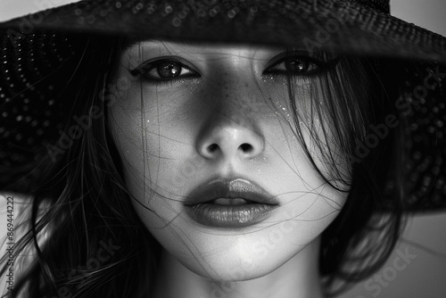 Black and White Close-Up Portrait of a Woman's Face with hat © @foxfotoco