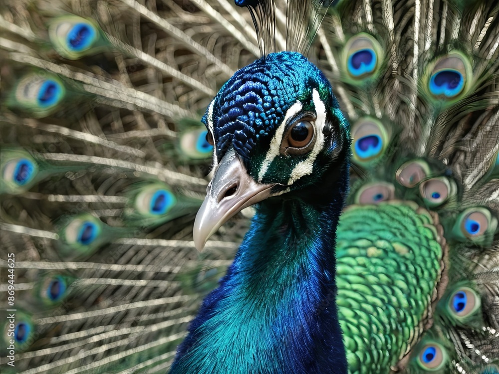 Peacock displaying its vibrant blue and green feathers in full fan Peacock displaying its vibrant blue and green feathers in full fan