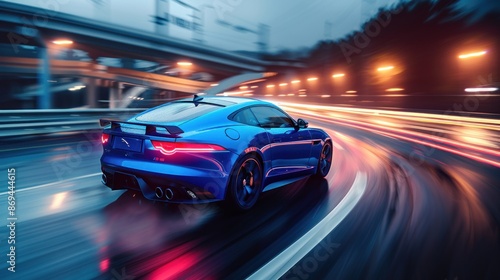 Wallpaper Mural Blue Sports Car in a Blurry Cityscape Torontodigital.ca