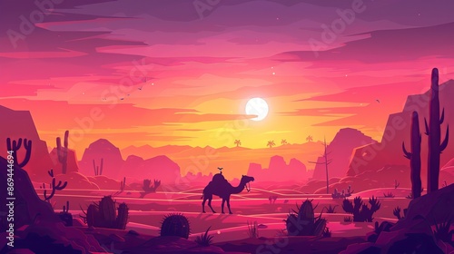 An Arizona desert landscape with brown rock and sand dune hills, green cactus and grass, camels on a sunset or sunrise. Cartoon landscape with cactus and fauna, pink sky in the evening or in the photo