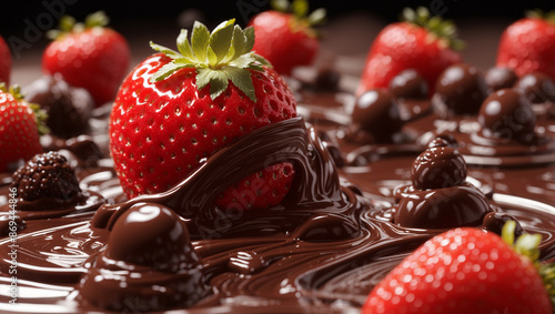 It's a chocolate cake with a large strawberry on top, and several smaller strawberries surrounding it. The cake is surrounded by a pool of melted chocolate