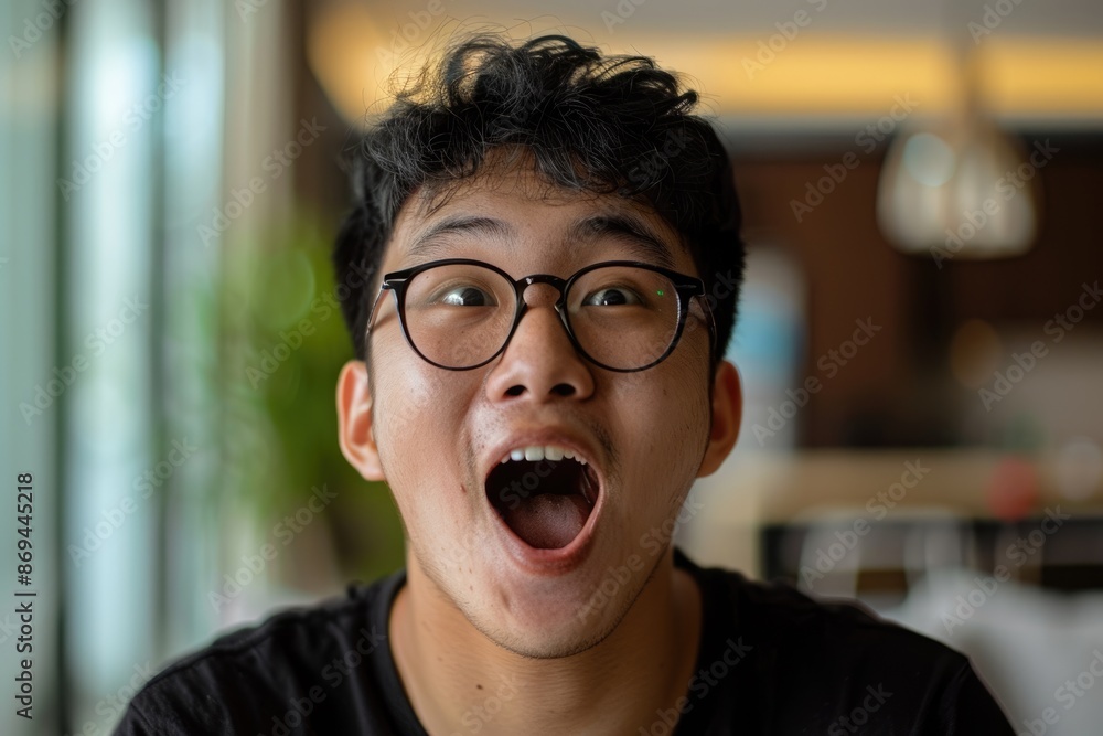 Happy Asian man blowing breath with mouth. Happy Asian man blowing breath with mouth.