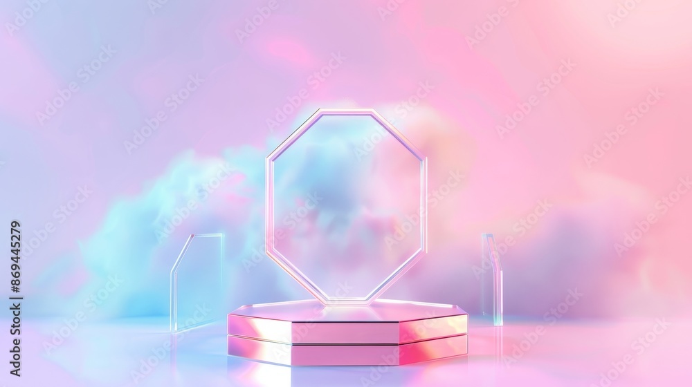 A transparent hexagonal model of a product on a holographic background with a light flash effect. A realistic illustration of a crystal goods display platform backed by a glossy plexiglass base. A transparent hexagonal model of a product on a holographic background with a light flash effect. A realistic illustration of a crystal goods display platform backed by a glossy plexiglass base.