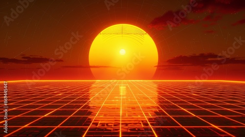 Disco surreal vapor graphic design illustration for music party rave using retro neon sunset synthwave background from the 1980s. Cyber grid with abstract futuristic vaporwave, sun and mountain