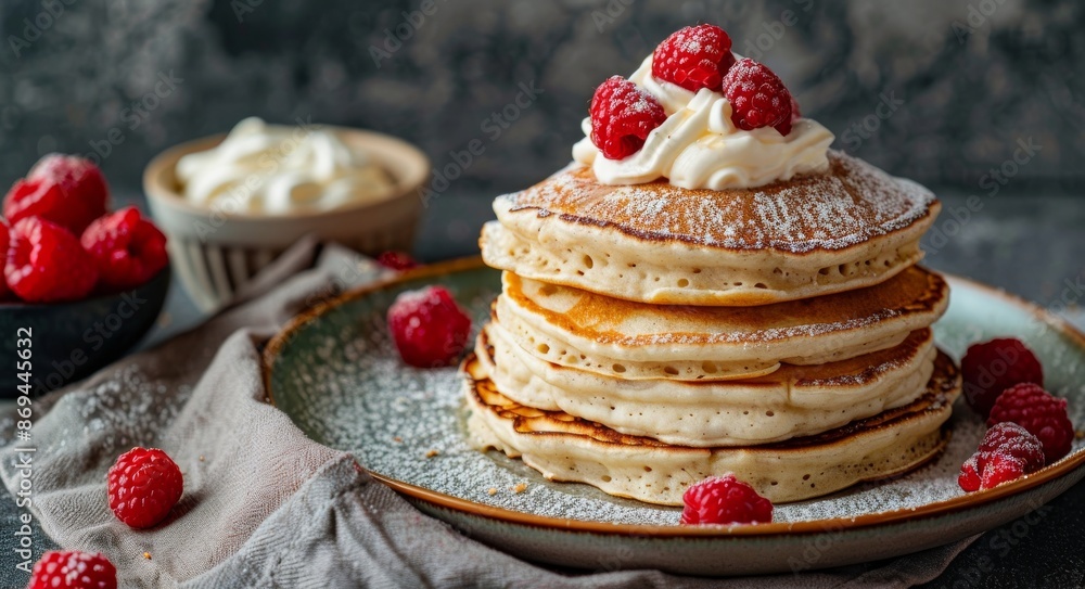 Delicious Stack of Buttermilk Pancakes With Whipped Cream and Raspberries Delicious Stack of Buttermilk Pancakes With Whipped Cream and Raspberries