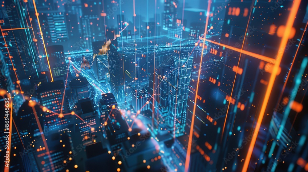 The background is the city skyline, with financial charts glowing in blue and orange lines on top of it. The background is the city skyline, with financial charts glowing in blue and orange lines on top of it.