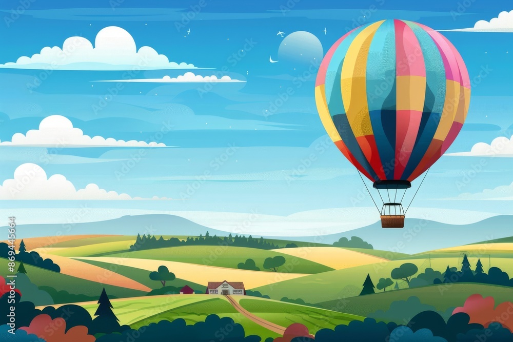Obraz premium A serene hot air balloon floats above a rolling hills and green fields, surrounded by fluffy white clouds. The colorful balloon adds a pop of vibrancy to the peaceful countryside landscape.