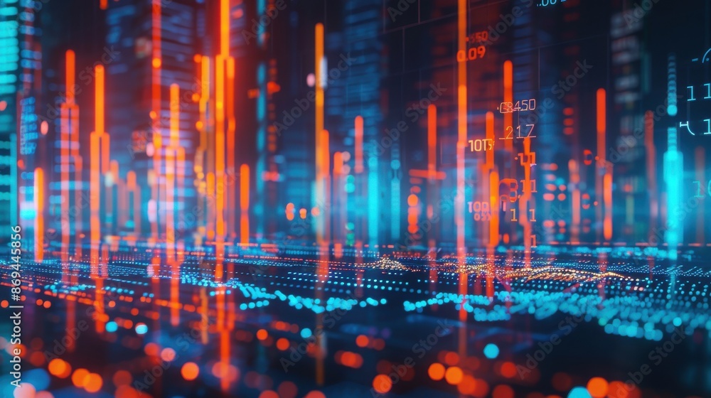 The background is the city skyline, with financial charts glowing in blue and orange lines on top of it. The background is the city skyline, with financial charts glowing in blue and orange lines on top of it.
