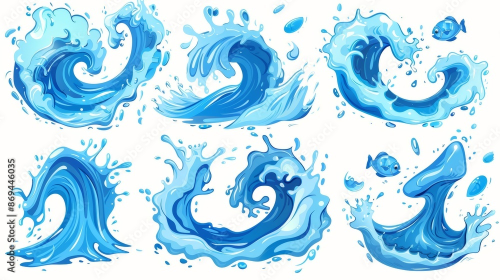 Water splashes, ocean waves, swirls, fountain. Cartoon set of flowing streams of water, tide, falling aqua, and burst effect with splat isolated on white. Water splashes, ocean waves, swirls, fountain. Cartoon set of flowing streams of water, tide, falling aqua, and burst effect with splat isolated on white.