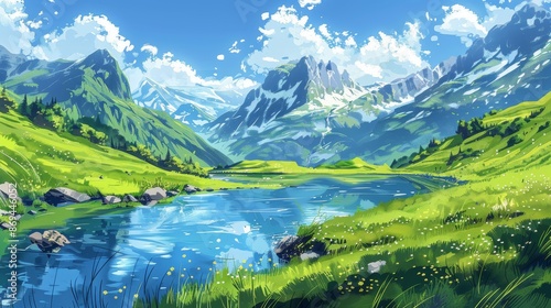 An illustration of a mountain stream with green grass and a river landscape on an easel. Scene depicts a beautiful summer scene depicting a green valley in Switzerland.