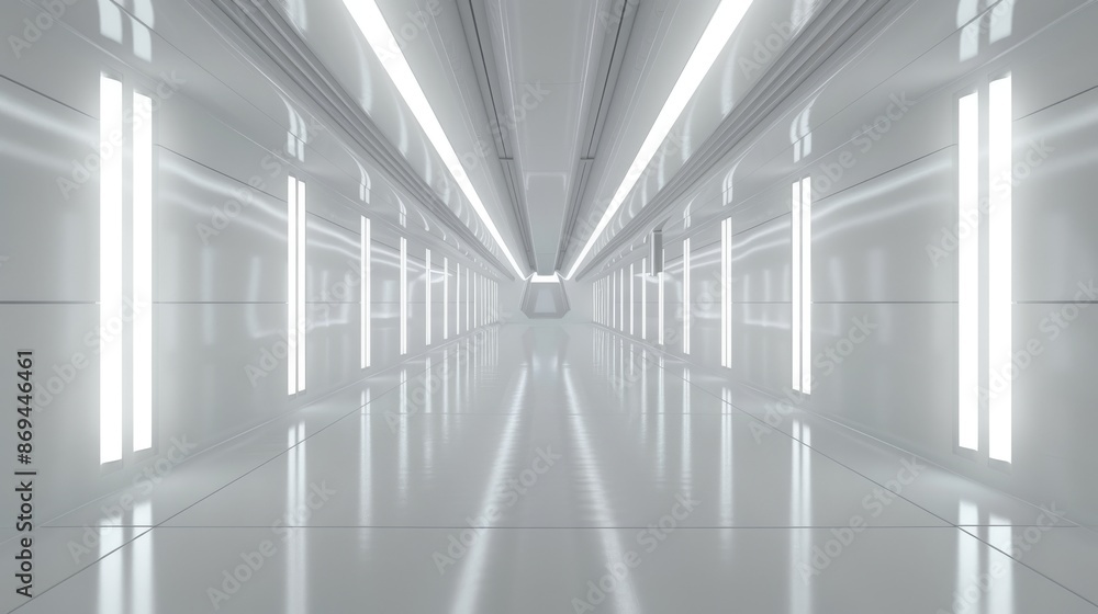 A modern and sleek white corridor designed with minimalist style and LED lighting, creating a futuristic atmosphere A modern and sleek white corridor designed with minimalist style and LED lighting, creating a futuristic atmosphere