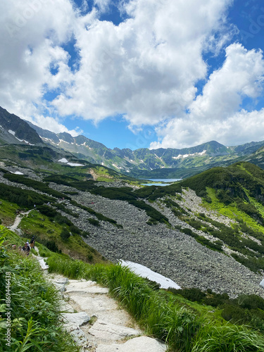 Majestic views from the Tatra mountains. Stunning panoramic view of a lake nestled among the Polish mountains. Vertical 