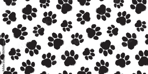 Paw print seamless pattern, cat, dog foot, animal sketch background. Animal step texture. Bear, panda, tiger grunge stamp repeat foot track wallpaper. Cartoon monochrome bg. Black vector illustration