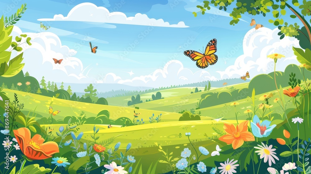 Obraz premium An illustration of a summer valley landscape with flowers. Bright, sunny scene with butterflies fluttering over green grass, trees and bushes, fluffy white clouds in a blue sky.