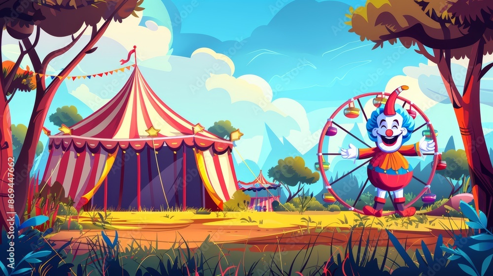 Clown, wheel, and circus tent in carnival park illustration. Carousel and entertainment in playground summer scene. Outdoor amusements at festival and kid-friendly attractions for recreation options. Clown, wheel, and circus tent in carnival park illustration. Carousel and entertainment in playground summer scene. Outdoor amusements at festival and kid-friendly attractions for recreation options.