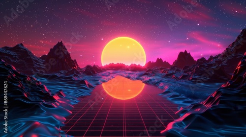 Neon neon sunset synthwave background from the 80s. Cyber grid with abstract futuristic vaporwave, sun and mountains. Disco surreal vapor graphic design illustration for music party raves.