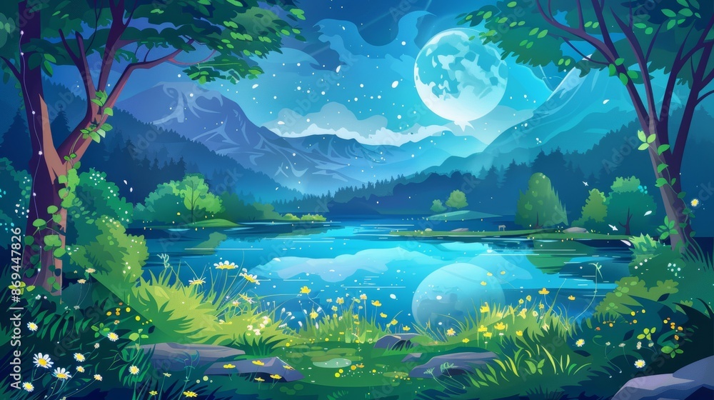 Water pond in forest night cartoon background with trees, grass, and flowers against a mountain range in moonlight. A night fantasy natural scene with fireflies against a landscape of trees and Water pond in forest night cartoon background with trees, grass, and flowers against a mountain range in moonlight. A night fantasy natural scene with fireflies against a landscape of trees and