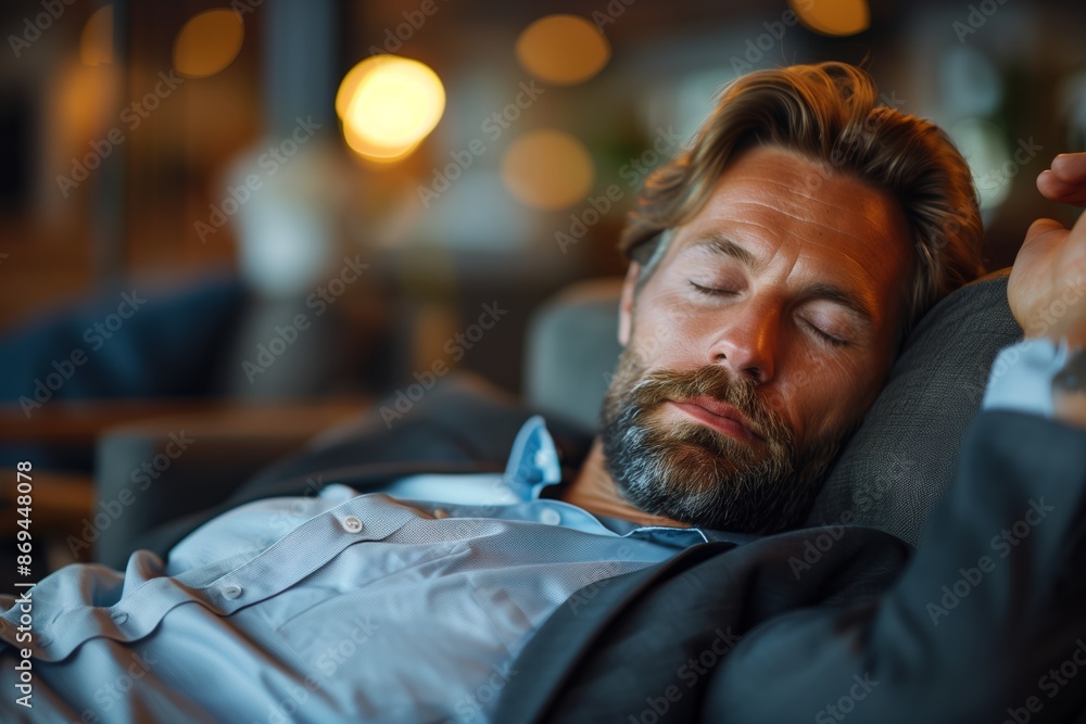 Obraz premium Man Sleeping in a Chair With Closed Eyes and a Beard