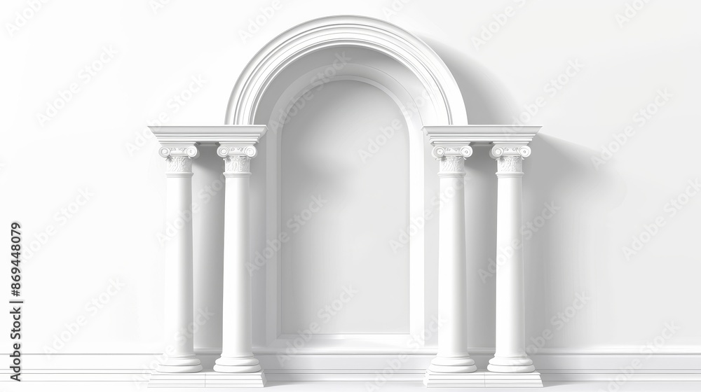 Arc architecture for Greek palace buildings. Classic white antique door frame for temple interior, with column. Arc elements for vintage construction. 3D baroque Greco-Roman colonnade with column. Arc architecture for Greek palace buildings. Classic white antique door frame for temple interior, with column. Arc elements for vintage construction. 3D baroque Greco-Roman colonnade with column.