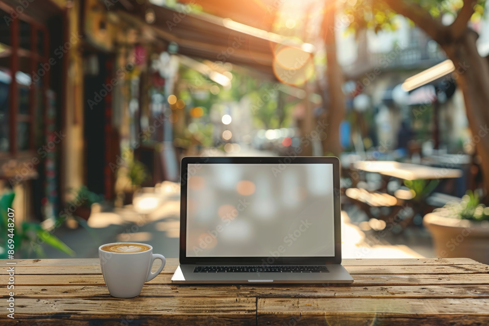 Fototapeta premium Laptop and Coffee Cup on Wooden Table with Blurred Cafe Background
