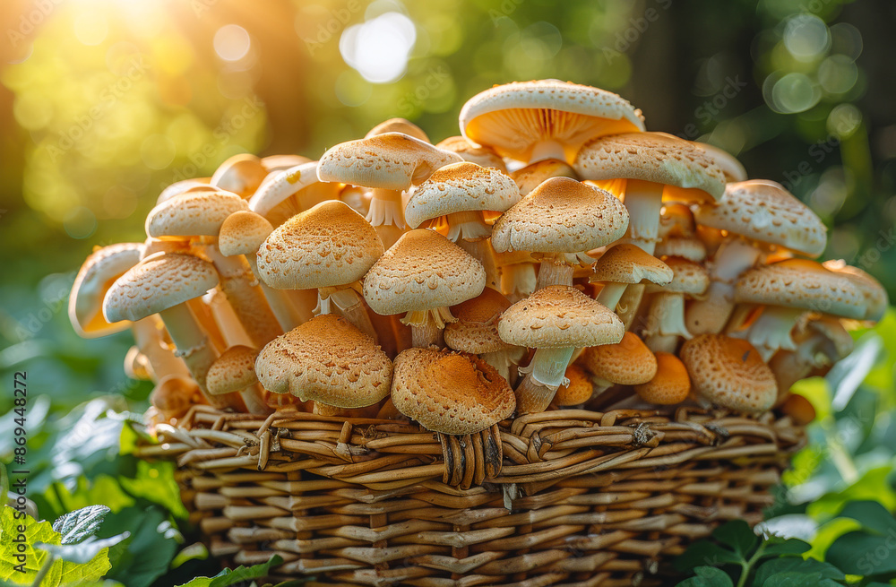 A basket full of mushrooms is sitting on the ground. The mushrooms are all different sizes and colors A basket full of mushrooms is sitting on the ground. The mushrooms are all different sizes and colors