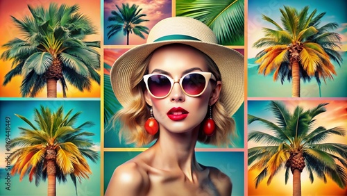 Chic summer mood board with stylish woman wearing oversized sunglasses, vintage palm trees and vibrant abstract elements