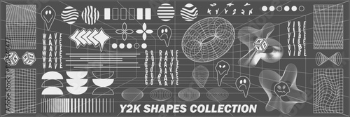 Abstract geometry hud wireframe shapes and patterns, cyberpunk elements, icon s and perspective grid s. Surreal geometric signs. Rave psychedelic futuristic Y2k acid aesthetic set. Vector illustration