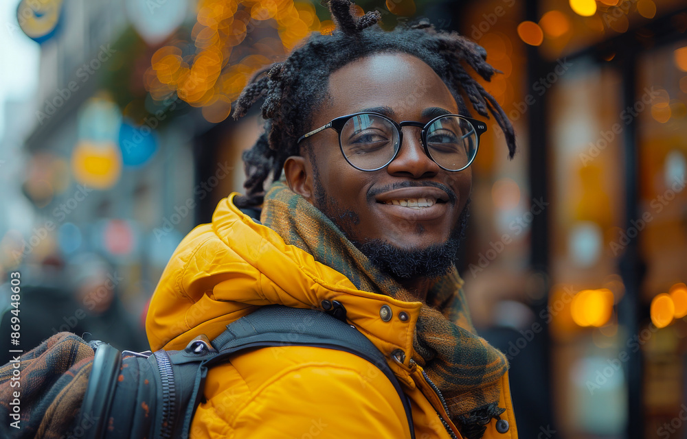 A man with dreadlocks and glasses is smiling and wearing a yellow jacket A man with dreadlocks and glasses is smiling and wearing a yellow jacket