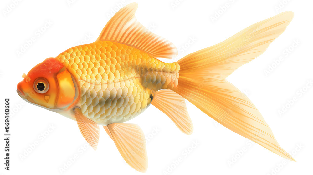 A gold and white fish swimming in a tank isolated on a white background A gold and white fish swimming in a tank isolated on a white background